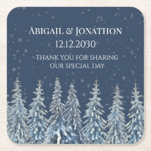 Navy Blue Rustic Winter Forest Wedding Square Paper Coaster