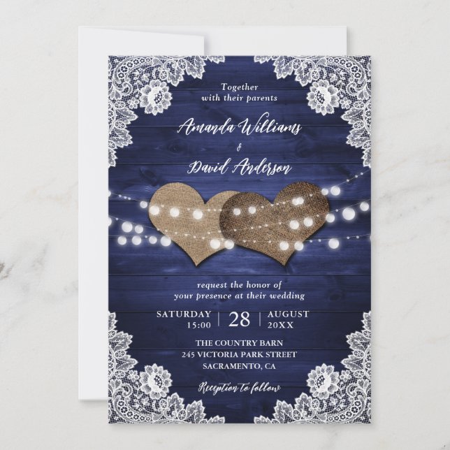 Navy Blue Rustic Wood Burlap Lace Lights Wedding Invitation (Front)