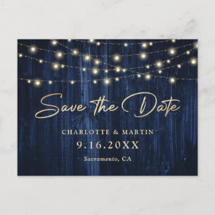 Navy Blue Rustic Wood Gold String Lights Script  Announcement Postcard