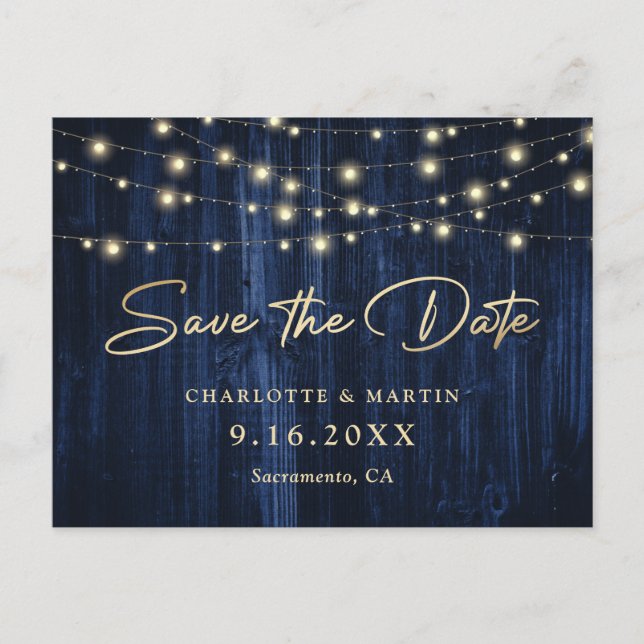 Navy Blue Rustic Wood Gold String Lights Script  Announcement Postcard (Front)