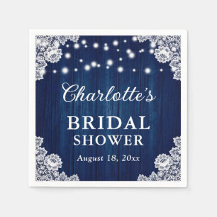 Navy Blue Rustic Wood Lace Bridal Shower Napkin