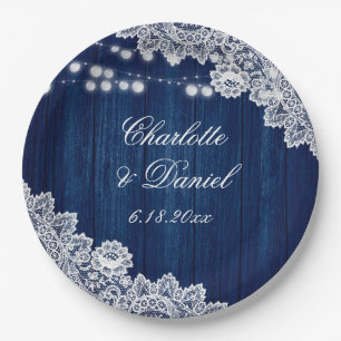 Navy Blue Rustic Wood Lace String Lights Wedding Paper Plate