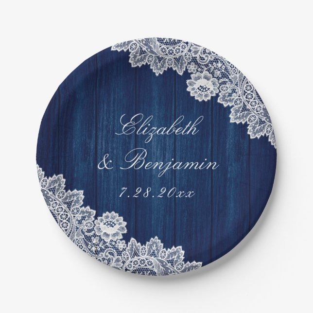 Navy Blue Rustic Wood Lace String Lights Wedding Paper Plate (Front)