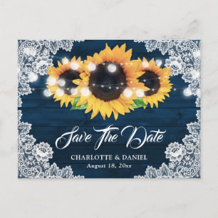 Navy Blue Rustic Wood Lace Sunflower Save The Date Announcement Postcard