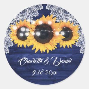 Navy Blue Rustic Wood Lace Sunflower Wedding Classic Round Sticker