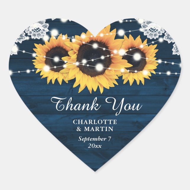 Navy Blue Rustic Wood Lace Sunflower Wedding Heart Sticker (Front)