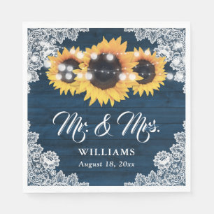 Navy Blue Rustic Wood Lace Sunflower Wedding Napkin