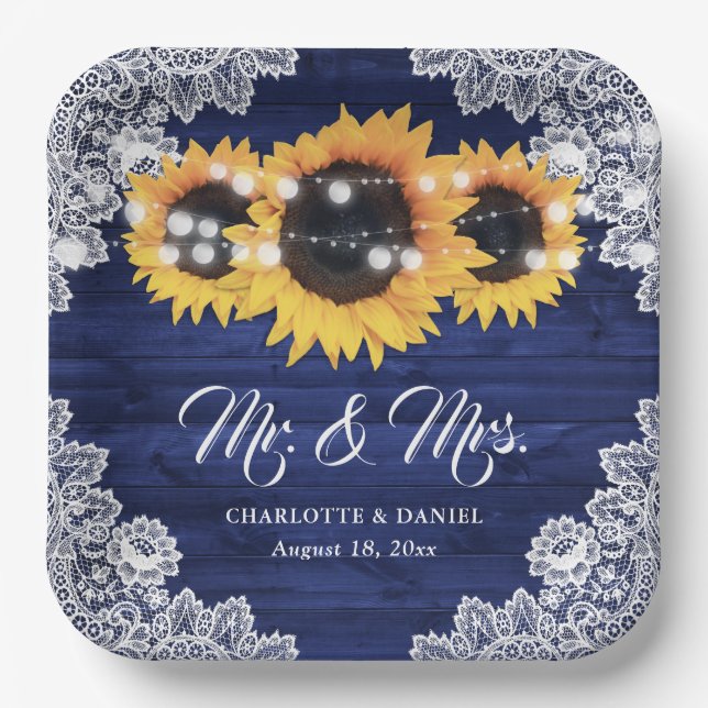 Navy Blue Rustic Wood Lace Sunflower Wedding Paper Plate (Front)