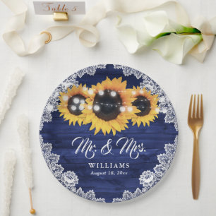Navy Blue Rustic Wood Lace Sunflower Wedding Paper Plate