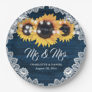 Navy Blue Rustic Wood Lace Sunflower Wedding Paper Plate