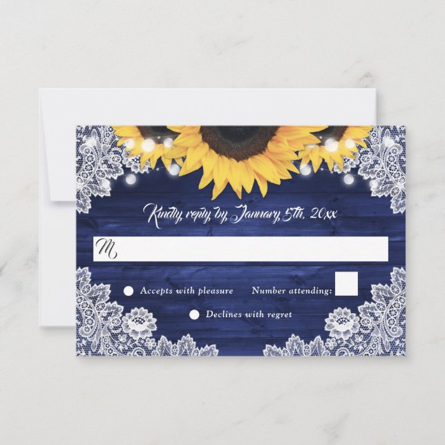 Navy Blue Rustic Wood Lace Sunflower Wedding RSVP Card (Front)
