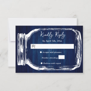 Navy Blue Rustic Wood Mason Jar Wedding RSVP Card