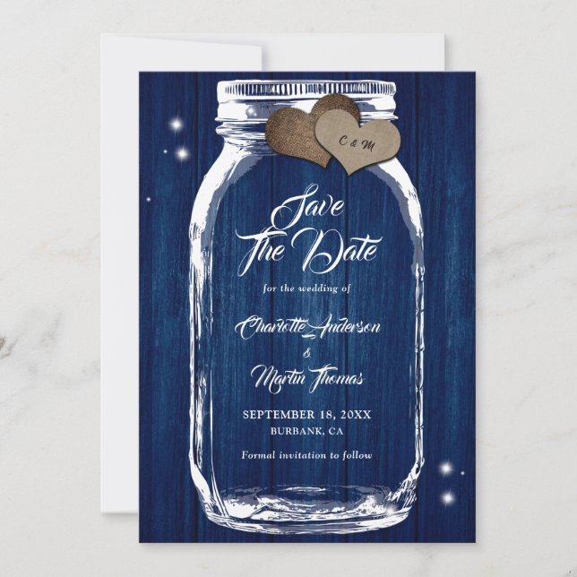 Navy Blue Rustic Wood Mason Jar Wedding Save The Date (Front)