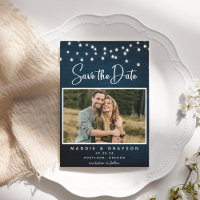 Navy Blue Rustic Wood Photo Lights Save the Date 
