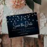 Navy Blue Rustic Wood String Lights Save The Date  Postcard<br><div class="desc">Navy Blue Rustic Wood String Lights Save The Date Announcement Postcard - The perfect Save the Date for the bride and groom who love a rustic theme. Rustic wood with glowing string lights and script typography. The back of the template allows for your return address, and QR code to your...</div>