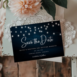 Navy Blue Rustic Wood String Lights Save The Date  Postcard