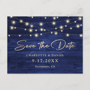 Navy Blue Rustic Wood String Lights Wedding Announcement Postcard