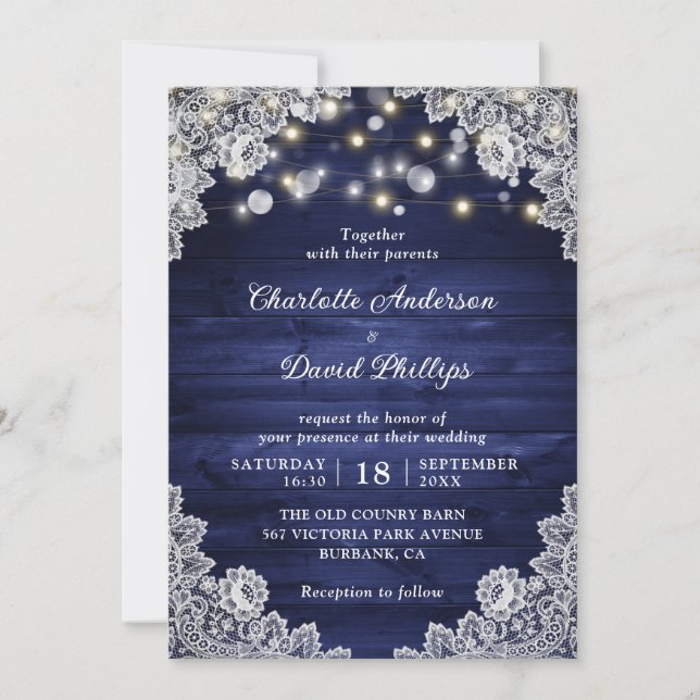 Navy Blue Rustic Wood String Lights Wedding Invitation (Front)