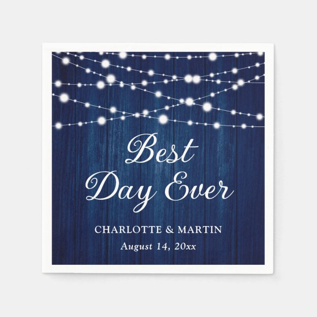 Navy Blue Rustic Wood String Lights Wedding Napkin (Front)