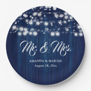 Navy Blue Rustic Wood String Lights Wedding Paper Plate