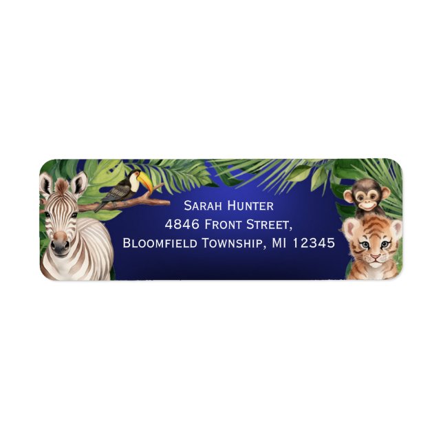 Navy Blue Safari animals 1st birthday return addre (Front)