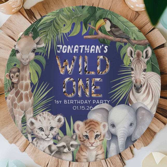 Navy blue safari themed wild one 1st birthday paper plate (WIld one, boy 1st birthday paper plates, Navy blue safari jungle animals themed birthday celebration)
