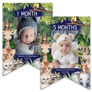 Navy Blue Safari Wild One 1st Birthday Monthly Pho Bunting
