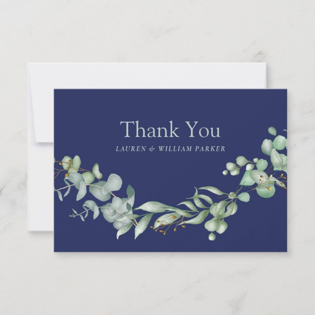 Navy Blue Sage Eucalyptus Greenery Modern Thank You Card (Front)