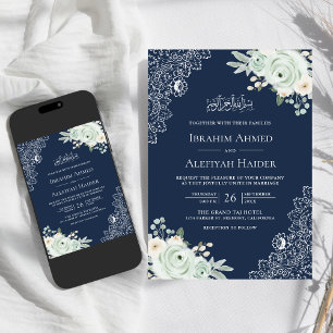Navy Blue Sage Green Floral Lace Muslim Wedding Invitation