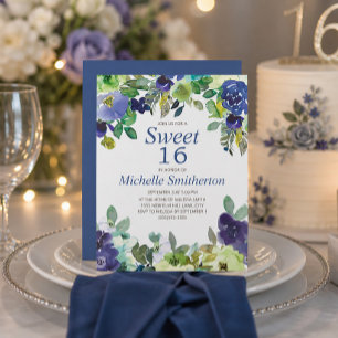 Navy Blue Sage Green Floral Sweet 16 Birthday Card