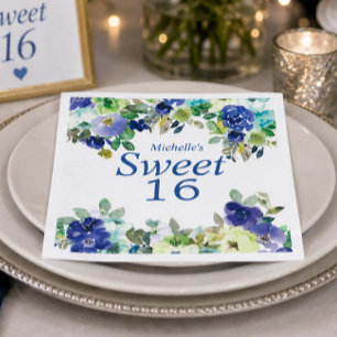 Navy Blue Sage Green Floral Sweet 16 Birthday Napkin