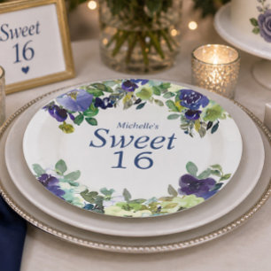 Navy Blue Sage Green Floral Sweet 16 Birthday Paper Plate