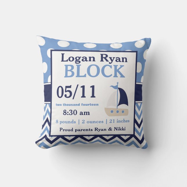 Navy Blue Sailboat Baby Announcement Pillow (Front)