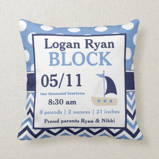 Navy Blue Sailboat Baby Announcement Pillow