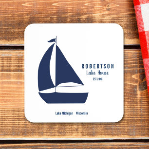 Navy Blue Sailboat Lake House Family Name Coaster