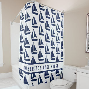 Navy Blue Sailboat Lake House Family Name Shower Curtain