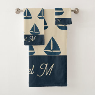 navy blue sailboat & Monogram Beige Coastal home Bath Towel Set