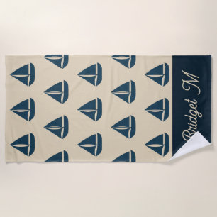 navy blue sailboat & Monogram Beige Coastal home Beach Towel