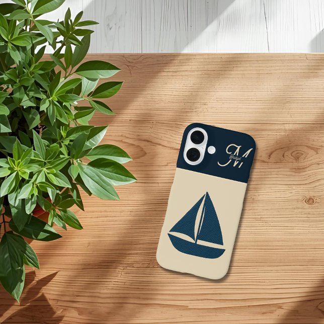 navy blue sailboat & Monogram Beige Coastal home Case-Mate iPhone Case (Creator Uploaded)