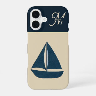 navy blue sailboat & Monogram Beige Coastal home iPhone 16 Case