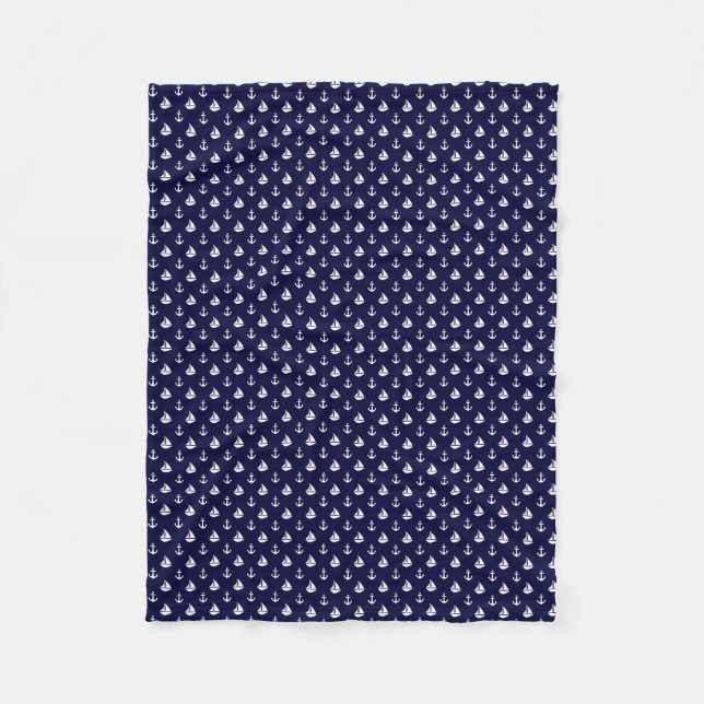 Navy Blue Sailboats and Anchors Pattern Fleece Blanket (Front)