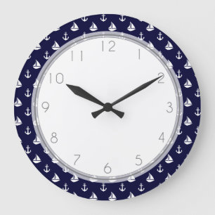 Navy Blue Sailboats and Anchors Pattern Large Clock