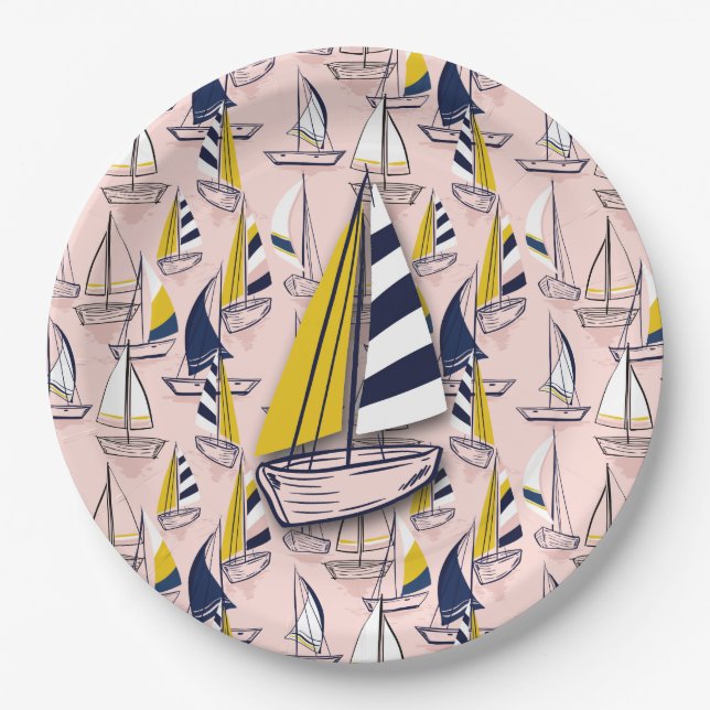 Navy Blue Sailboats Paper Plate (Front)
