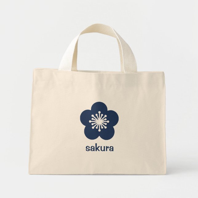Navy Blue Sakura Blossom Silhouette Mini Tote Bag (Front)