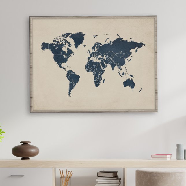 Navy Blue Sand Beige World Map Poster (Creator Uploaded)