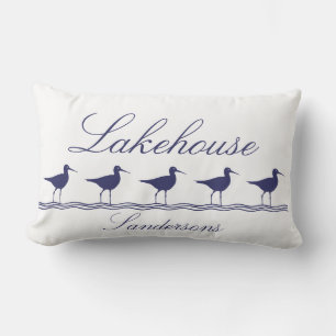 Navy Blue Sandpiper Bird Lakehouse Lumbar Cushion