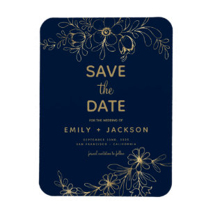 Navy Blue Save the Date Floral Gold Foil Magnet
