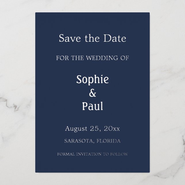Navy Blue Save the Date Foil Invitation (Front)