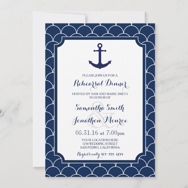 Navy Blue Scallop Nautical Rehearsal Dinner Invitation (Front)