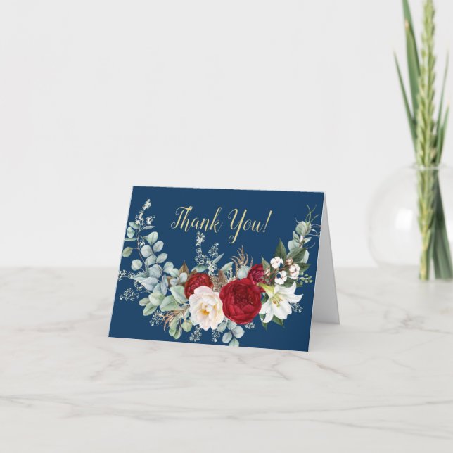 Navy Blue Scarlet Peony Floral Bouquet Thank You Card (Front)